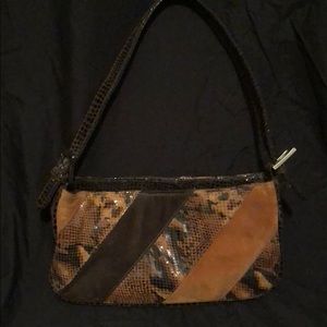 Brown Suede Snakeskin Print Shoulder Bag
